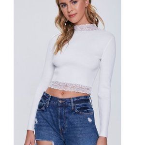 Ribbed Lace-Trim Top - Ivory - XL